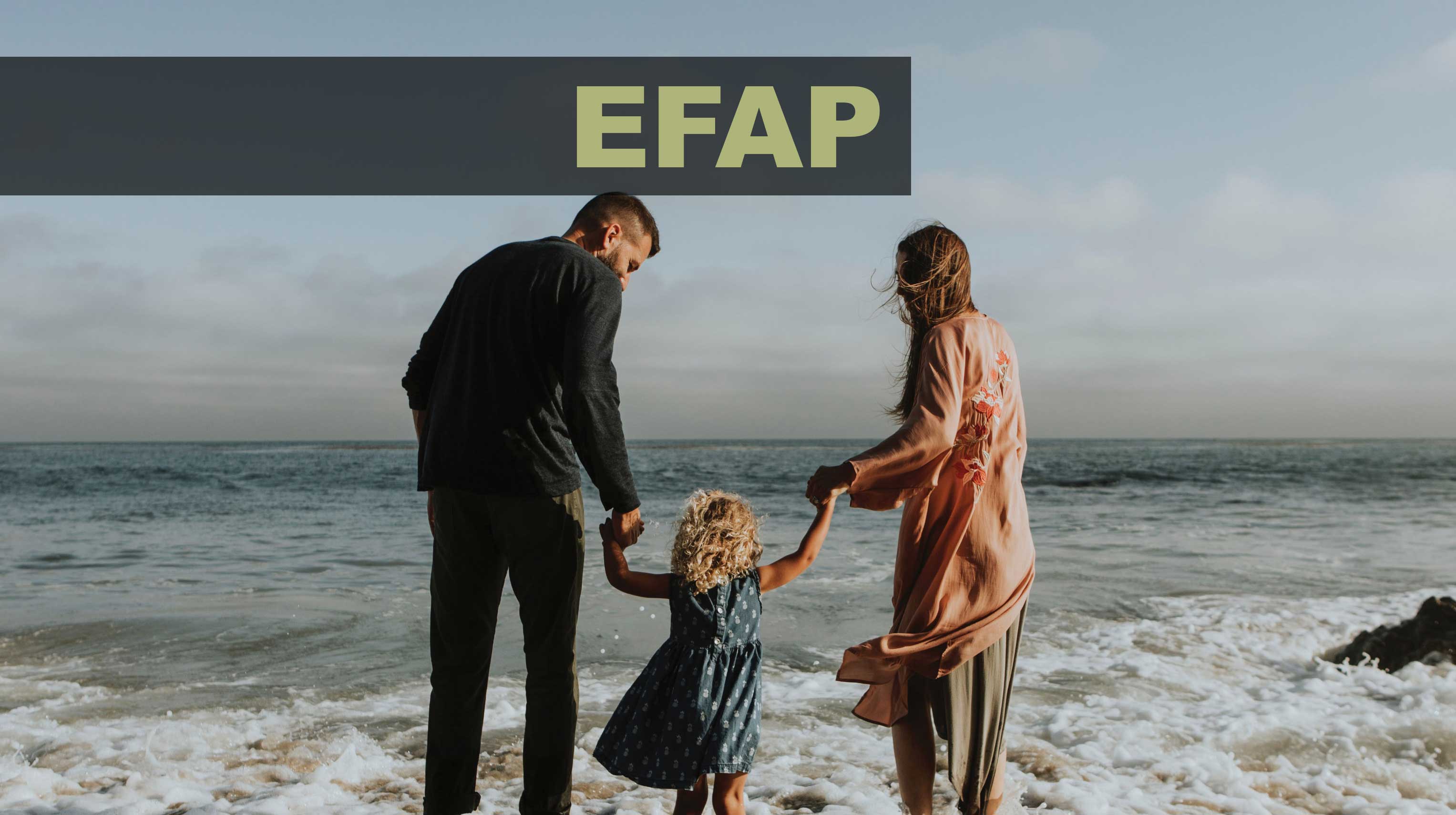 Mother, father and daughter on beach with the word "EFAP" superimposed at top of image