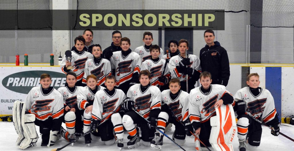 Hockey team photo with sponsorship title over the photo