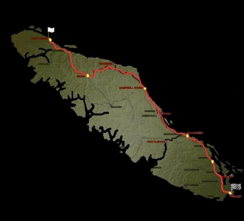 Map of Vancouver Island with cycling race route outlined