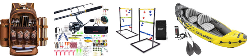 some items available in promo store: picnic set, fishing kit, outdoor game, inflatable kayak